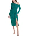 Tadashi Shoji One-shoulder Long Sleeve Crepe Cocktail Midi Dress In Green