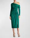 Tadashi Shoji One-shoulder Long Sleeve Crepe Cocktail Midi Dress In Emerald