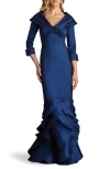 Tadashi Shoji Ruffle Taffeta Column Gown In Navy