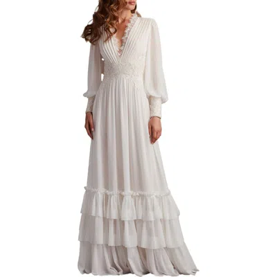 Tadashi Shoji Ruffle Pleated Long Sleeve Chiffon Gown In Gray
