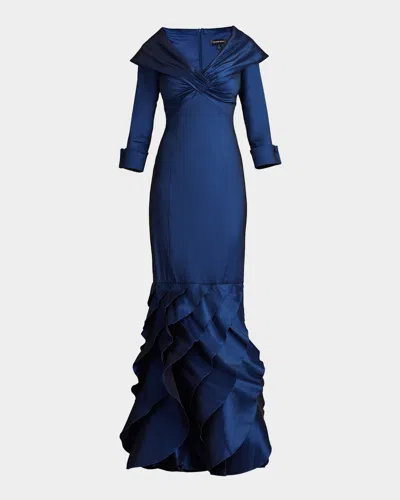 Tadashi Shoji Ruffle Taffeta Column Gown In Navy