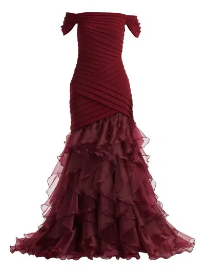 Tadashi Shoji Vail Shutter-pleated Crepe And Organza Gown In Burgundy