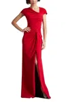 Tadashi Shoji Asymmetric Neck Cap Sleeve Crepe Gown