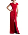 Tadashi Shoji Asymmetric Neck Cap Sleeve Crepe Gown In Red