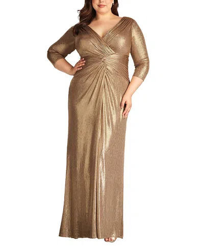 Tadashi Shoji Ryah Metallic Twist Drape Gown - Plus Size In Gold-tone
