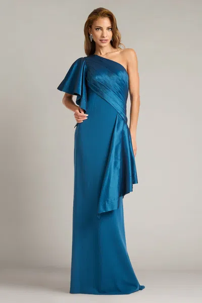 Tadashi Shoji Draped One-shoulder Mixed Media Gown In Blue