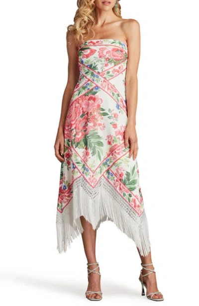 TADASHI SHOJI TADASHI SHOJI SCARF PRINT FRINGE DETAIL STRAPLESS COCKTAIL MIDI DRESS