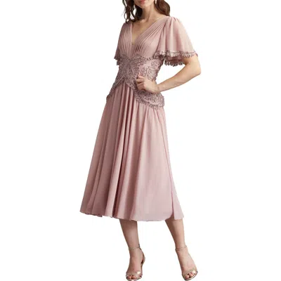 TADASHI SHOJI TADASHI SHOJI SCROLL DETAIL FLUTTER SLEEVE COCKTAIL MIDI DRESS