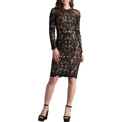 Tadashi Shoji Scroll Lace Long Sleeve Cocktail Dress In Black
