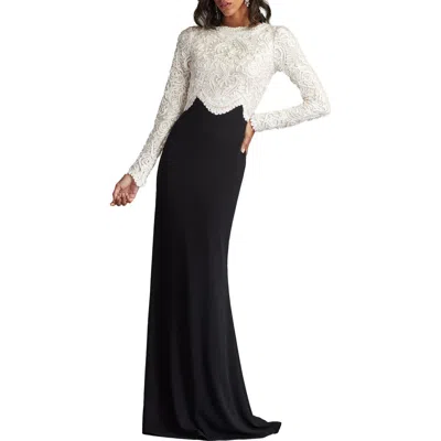 Tadashi Shoji Scroll Lace Long Sleeve Crepe Gown In Black
