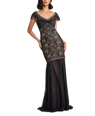 Tadashi Shoji Off The Shoulder Mixed Media Lace Gown In Black