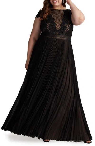 Tadashi Shoji Sequin & Lace Bodice Pleated A-line Gown In Black/ Nude