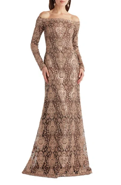 Tadashi Shoji Sequin & Lace Off The Shoulder Long Sleeve Gown