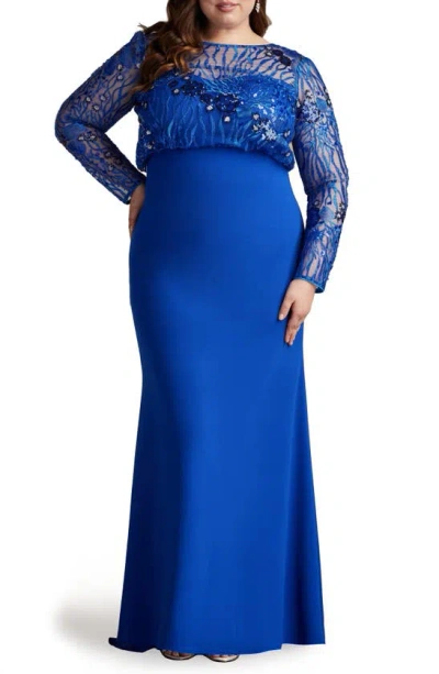 Tadashi Shoji Sequin Blouson Bodice Long Sleeve Gown In Mystic Blue