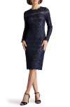 Tadashi Shoji Sequin Corded Lace Long Sleeve Sheath Dress In Royal Navy/nude