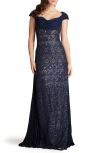 Tadashi Shoji Sweetheart Sequin Lace Gown In Royal Navy/nude