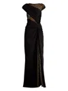 Tadashi Shoji Textured Crepe Gown With Sheer Details In Black