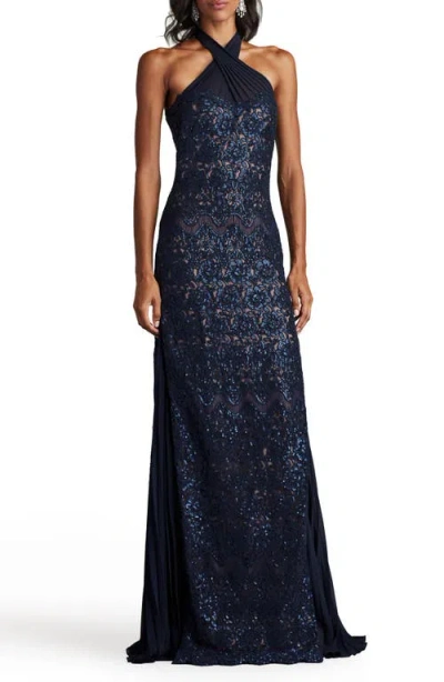 Tadashi Shoji Sleeveless Sequin Floral Lace Halter Gown In Blue