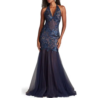 Tadashi Shoji Sequin Embroidered Halter Mermaid Gown In Midnight
