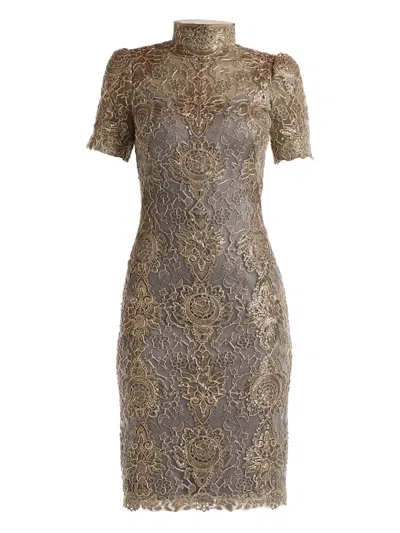 Tadashi Shoji Metallic Embroidered Illusion Neck Cocktail Dress In Gray