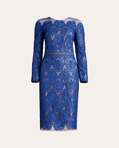 TADASHI SHOJI SEQUIN ILLUSION LACE MIDI SHEATH DRESS