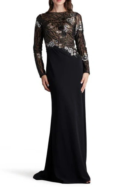 Tadashi Shoji Sequin Lace Bodice Long Sleeve Gown In Black/nude