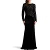 Tadashi Shoji Sequin Lace Bodice Long Sleeve Velvet Gown In Black
