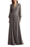 Tadashi Shoji Sequin Lace Detail Long Sleeve Chiffon Gown In Gray