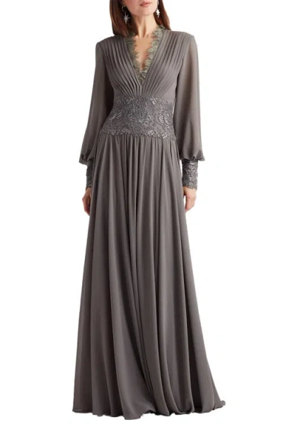 Tadashi Shoji Sequin Lace Detail Long Sleeve Chiffon Gown In Gray