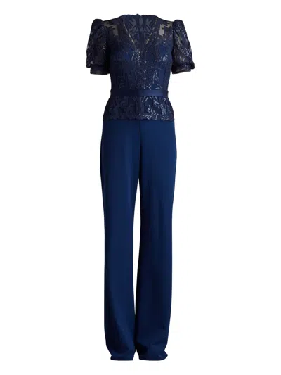 Tadashi Shoji Ziya Embellished Puff Sleeve Jumpsuit In Blue