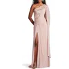 Tadashi Shoji Sequin Leaf Detail One-shoulder Chiffon Gown In Adobe Blush