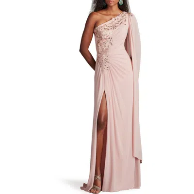 Tadashi Shoji Sequin Leaf Detail One-shoulder Chiffon Gown In Multi
