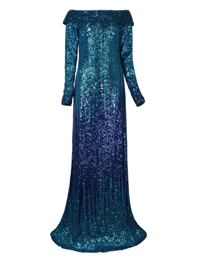 Tadashi Shoji Sequin Off-shoulder Maxi Dress In Blue