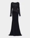 Tadashi Shoji Sequin Lace Bodice Long Sleeve Velvet Gown In Black/nude