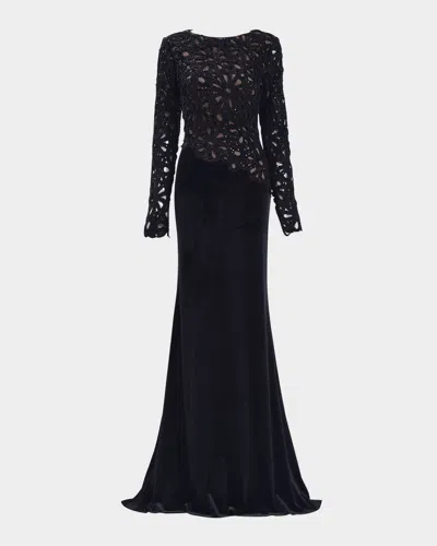 TADASHI SHOJI SEQUIN OPEN-WORK VELVET GOWN