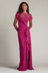 Tadashi Shoji Short Sleeve Gathered Slit Gown In Multi