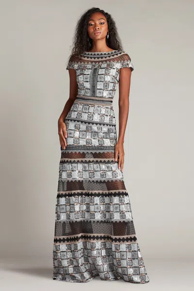 Tadashi Shoji Short Sleeve Semi-sheer Gown In Multi