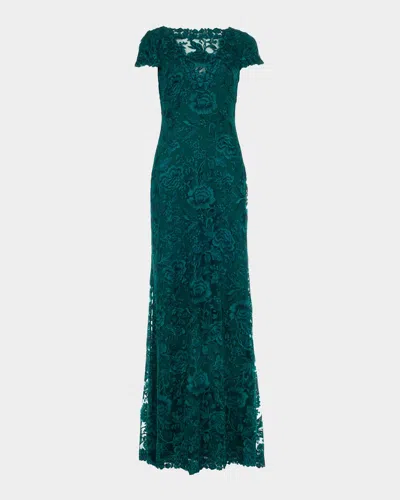 Tadashi Shoji Short-sleeve Embroidered Tulle Column Gown In Green