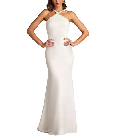Tadashi Shoji Sicily Pearl Trim Halter Gown In Ivory