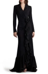 TADASHI SHOJI SIDE RUFFLE LONG SLEEVE HIGH-LOW GOWN