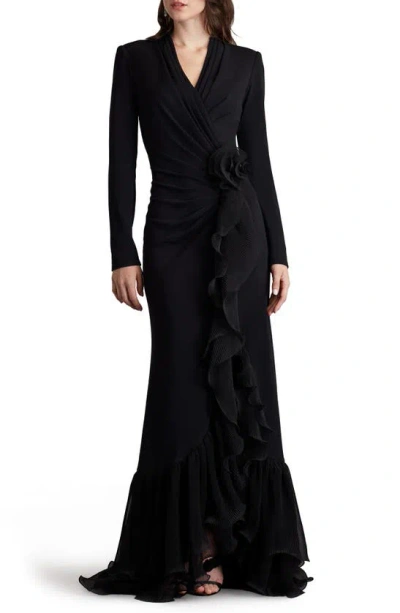 Tadashi Shoji Side Ruffle Long Sleeve High-low Gown In Black