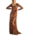 Tadashi Shoji Embroidered Sequin Lace Long Sleeve Gown In Brown