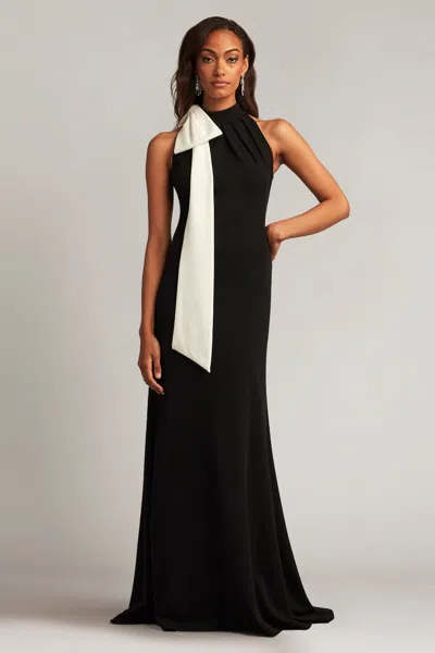 Tadashi Shoji Sims Shoulder Bow Halter Gown In Black