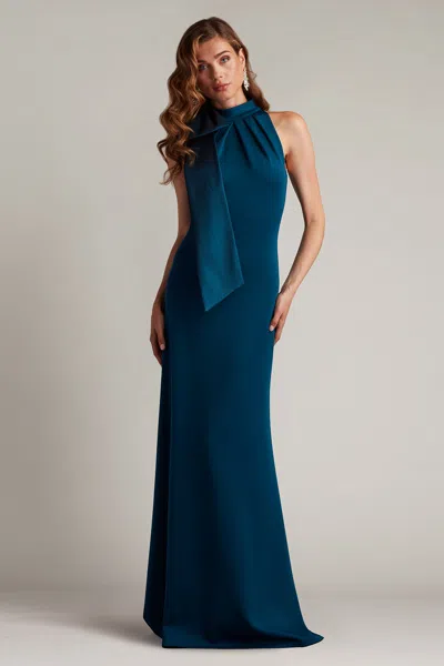 Tadashi Shoji Sims Taffeta Shoulder Bow Halter Gown In Blue