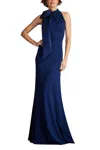 Tadashi Shoji Sims Taffeta Shoulder Bow Halter Gown Navy In Blue