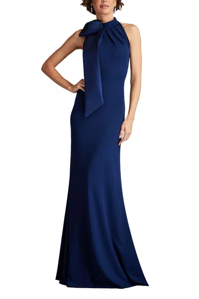 Tadashi Shoji Sims Taffeta Shoulder Bow Halter Gown Navy