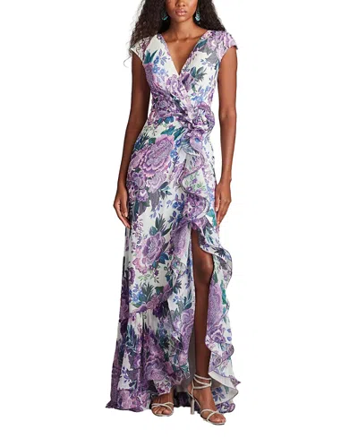 Tadashi Shoji Sinai Floral Cascading Ruffle Gown In Purple