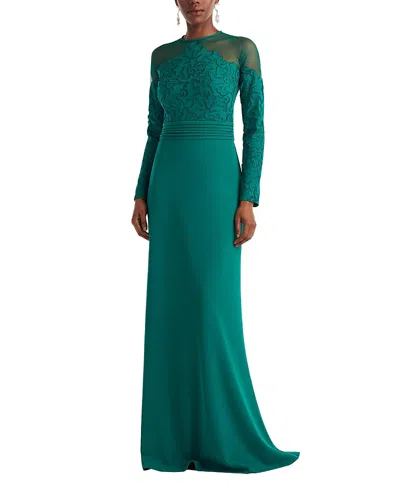 Tadashi Shoji Embroidered Illusion Lace Long Sleeve Sheath Gown In Green