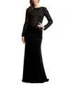 Tadashi Shoji Sequin Lace Bodice Long Sleeve Velvet Gown In Black/nude