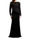 Tadashi Shoji Sequin Lace Bodice Long Sleeve Velvet Gown In Black